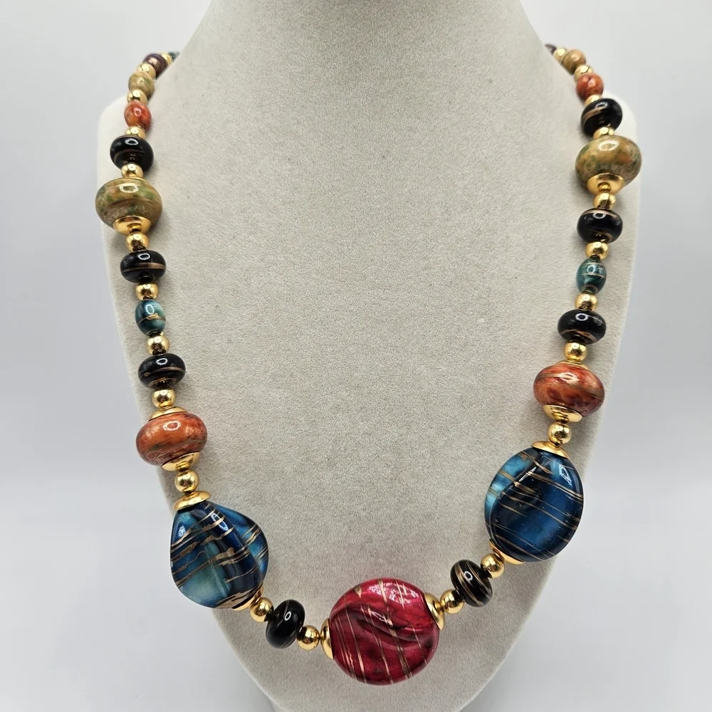 VINTAGE Chunky Gold Swirl Multicolor Resin Beaded Strand Necklace